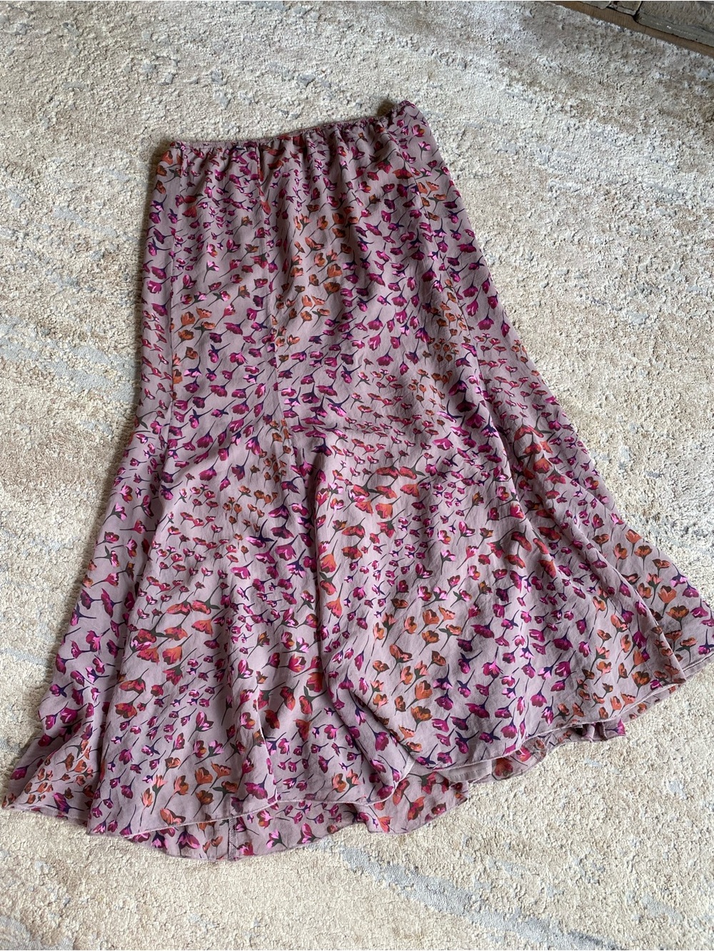 Sundance 100% Silk Floral Print Mauve Pink A-Line Midi Skirt Elasticated Waist - Picture 6 of 7